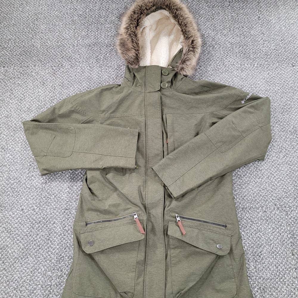 Columbia Interchange Parka Jacket Olive Green Sherpa Hood Faux Fur Womens Small
